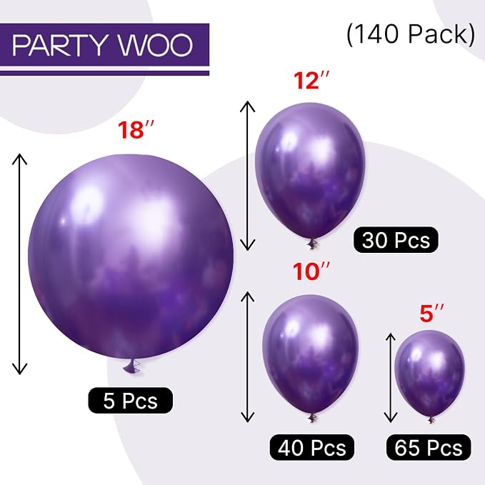PartyWoo Metallic Purple Balloons 140pcs Chrome Purple Color | 18 12 10 5 Inch - Image 6