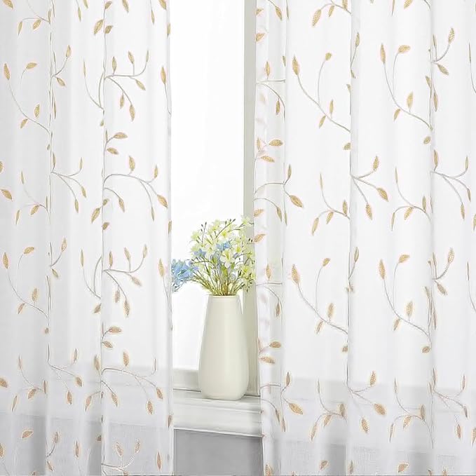 White Sheer Curtains Orange Leaf Embroidery Linen 96 Inches Long | Light - Image 5
