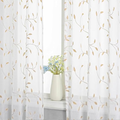 White Sheer Curtains Orange Leaf Embroidery Linen 96 Inches Long | Light - Image 5