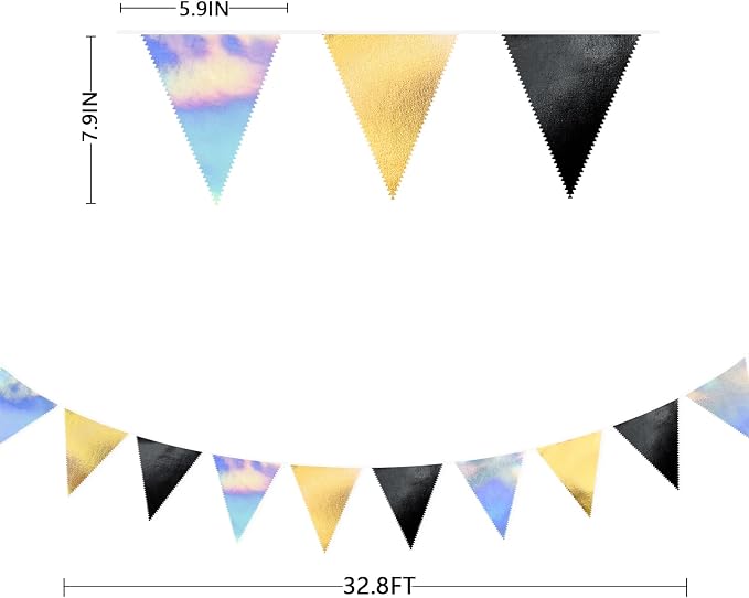 Black Gold Iridescent Party Decorations Triangle Pennant Banner Flag Metallic - Image 2