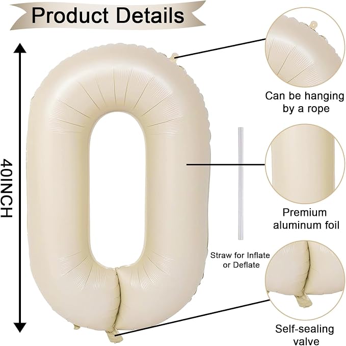 40 Inch Large Cream Numbers Balloons 0-9, Self Inflating White Sand Foil Number - Image 2