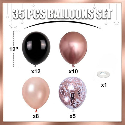 HILAVO Rose Gold and Black Balloons, 12Inch Metallic Rose Gold and Confetti - Image 2