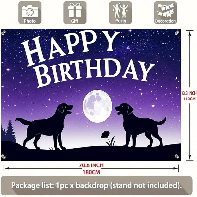 Happy Birthday Banner 71x43 Inch Dog Silhouette Moon Night Sky Backdrop - Image 2