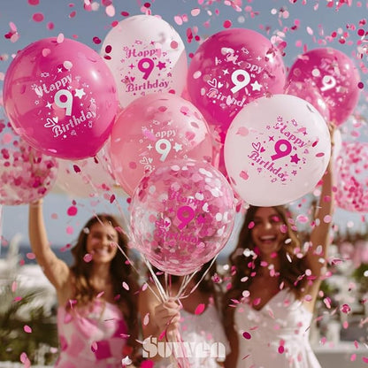 SUWEN Pink 9th Number Printed Balloons 38PCS 12 Inch | 1-9 Latex Balloons Happy - Image 3