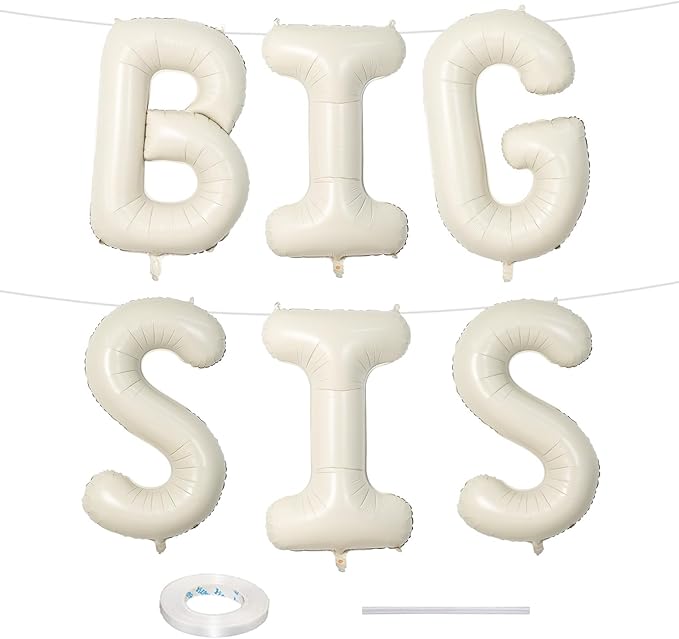 40 Inch Cream BIG SIS Balloons, Large Beige Neutral Big Sis Balloon Letters Sign by Lingqiang