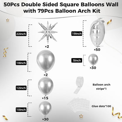 50pcs Metallic Silver Square Foil Balloons Wall Backdrop - Image 2