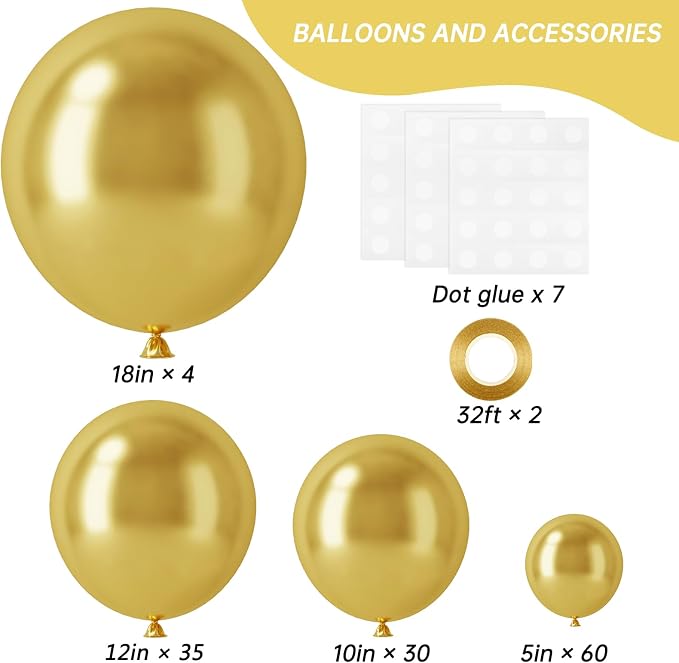 RUBFAC Gold Balloons Different Sizes Chrome Gold Balloon Arch Kit 129pcs | - Image 2