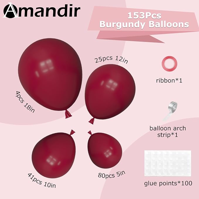 Amandir 153pcs Burgundy Balloons Arch Garland Kit Different Sizes | 18 12 10 5 - Image 3