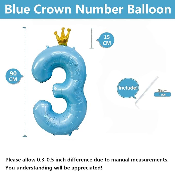 Blue Number 3 Balloon with Crown, 40 inch Blue Number Balloon 3rd Birthday - Image 2
