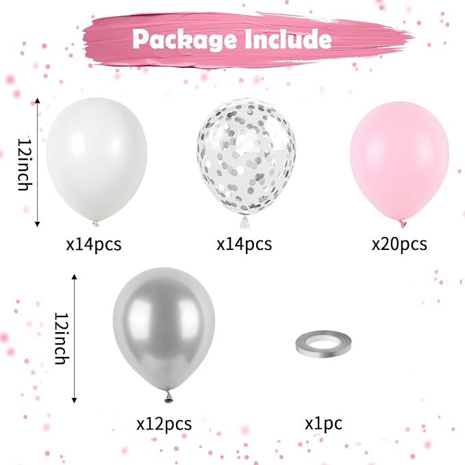 Pink and Silver Balloons, Pastel Pink White Balloon Metallic Silver White - Image 2