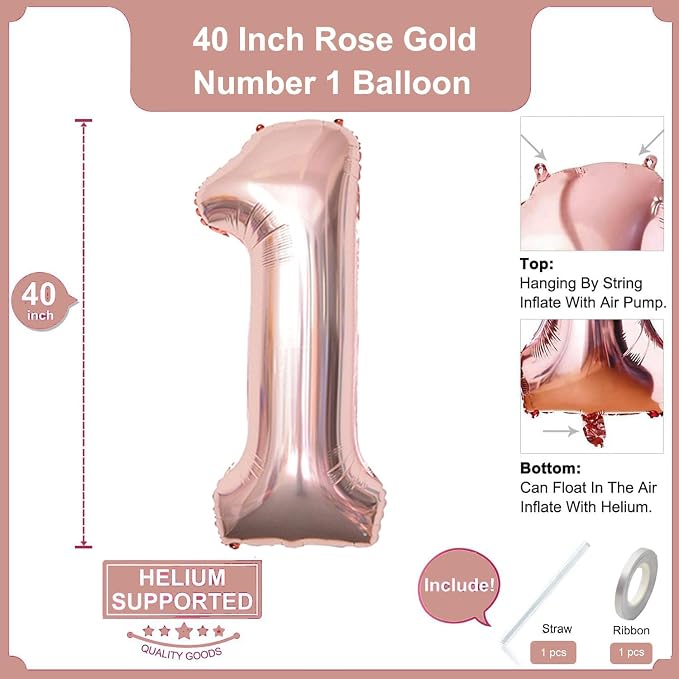 2Pcs Rose Gold Foil 40" Number 1 and 26" Script Letter One Balloon Set | Large - Image 2
