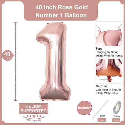 2Pcs Rose Gold Foil 40" Number 1 and 26" Script Letter One Balloon Set | Large - Image 2