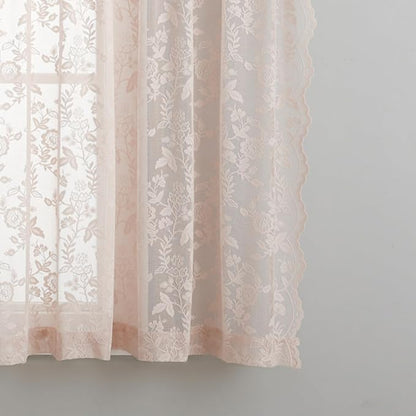 Short Blush Lace Curtains Rustic Leaf Floral W42 x L45 Inch 2 Panels | Rod - Image 6
