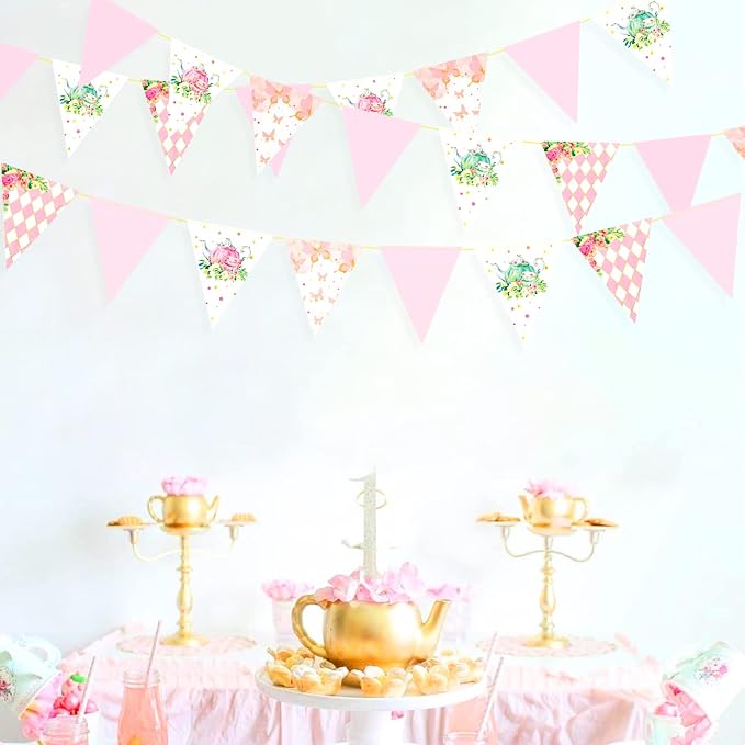 Spring Tea Party Decorations Pink and Gold Floral Flower Butterfly Teapot - Image 4