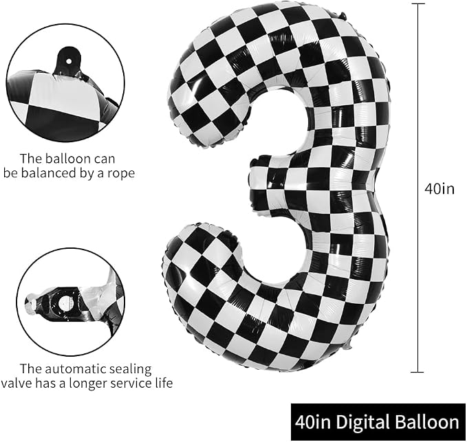 TONIFUL 40 Inch Large Checkered Number 3 Balloon 3rd Birthday Decorations | 3rd - Image 2