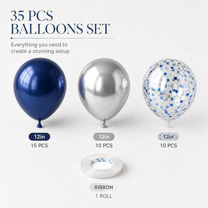 Navy Blue and Silver Balloons, 12 Inch Dark Midnight Blue Metallic Silver Latex - Image 2