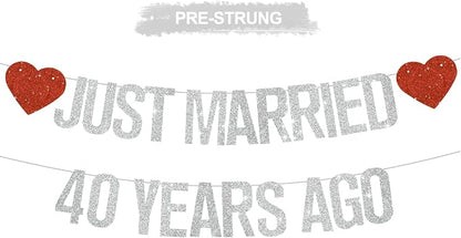 Silver Glitter Just Married 40 Years Ago Banner, NO DIY, Pre-Strung 40th by RICHHHA