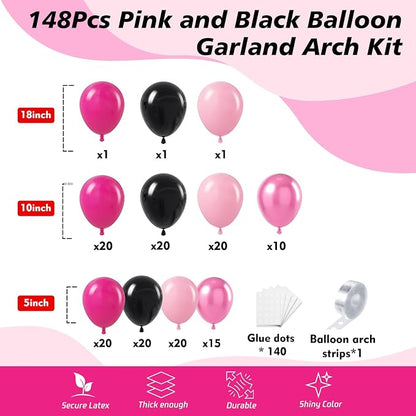 148Pcs Pink and Black Balloons Garland Arch Kit - Image 2
