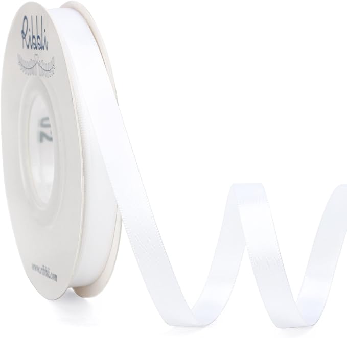 Ribbli Double Faced White Satin Ribbon, 3/8” x Continuous 25 Yards, Fabric by Ribbli