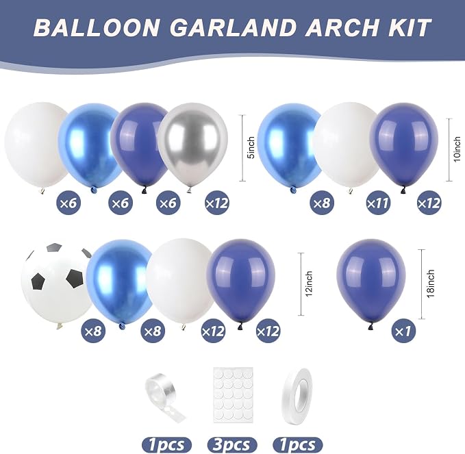 Soccer Balloon Arch Kit, Royal Blue Silver White Metallic Silver Football - Image 2