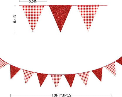 Red Buffalo Plaid Party Decorations Pennant Banner Flag Hanging Red Glitter - Image 2