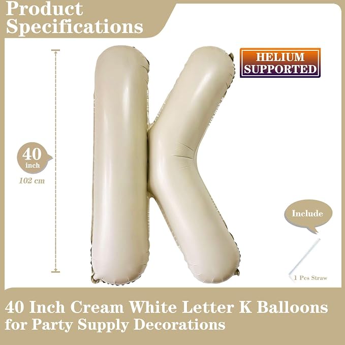 Cream K Balloons, 40 Inch Giant Letter Balloons K Foil Mylar Helium White - Image 2