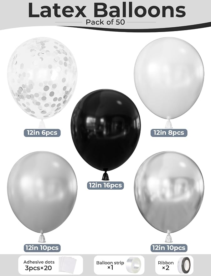Black and Silver Balloons, Glitter Confetti Latex Balloon - Image 4