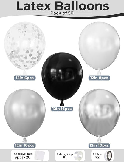 Black and Silver Balloons, Glitter Confetti Latex Balloon - Image 4