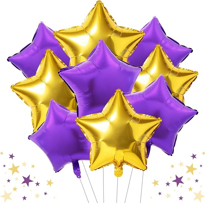 TONIFUL 15 Pack Purple and Gold Star Foil Balloons | 18 Inch Mylar Star Balloons by TONIFUL