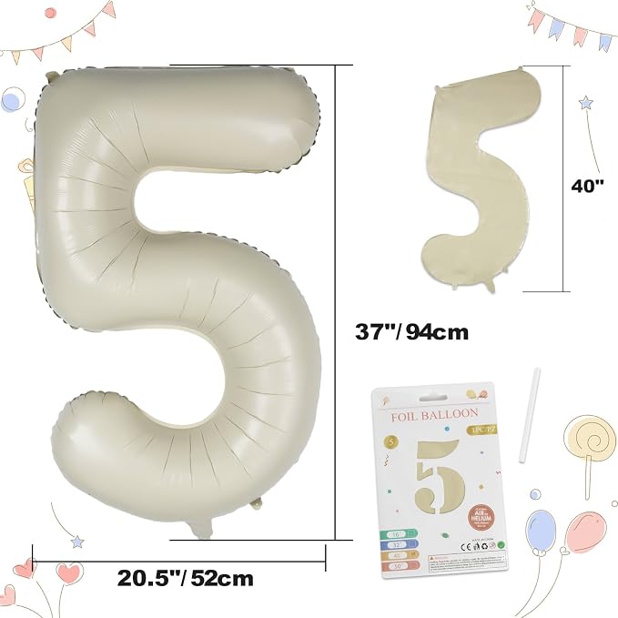 CARGEN 40 Inch Creamy White Number 5 Balloon Boho Neutral Party Decoration | - Image 3