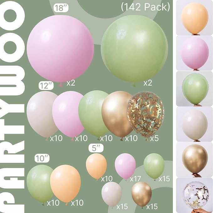 PartyWoo Pink and Green Balloon Arch Kit 142pcs Baby Pink Green Balloons | - Image 2