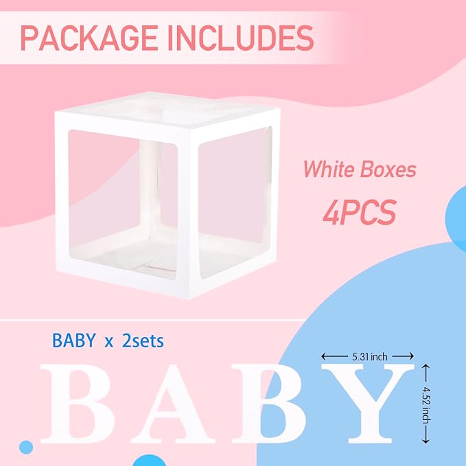 Baby Boxes with 4 PCS Letters for Baby Shower White Clear Balloon Box Blocks - Image 2