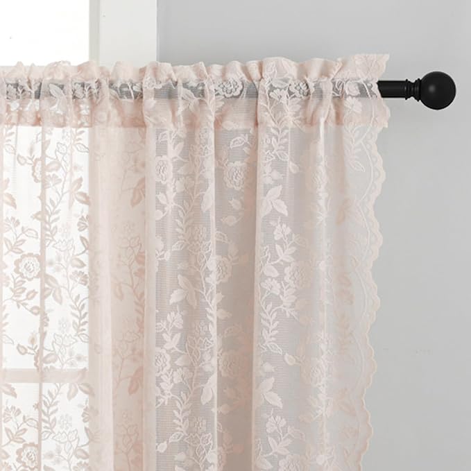 Short Blush Sheer Curtains Rustic Leaf Floral W42xL36 Inch 2 Panels | Rod Pocket - Image 3