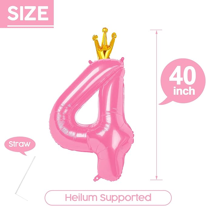 4 Balloon - Pink with Crown Birthday Number Balloons, 40 Inch Decorations | - Image 5
