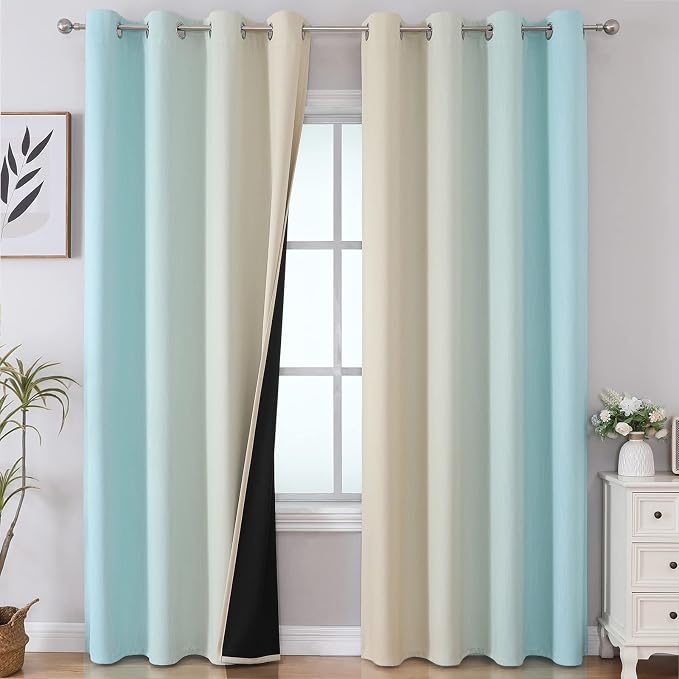 Beige and Aqua Ombre Blackout Curtains 90 Inch Length 2 Panels Set, Thermal by ESTELARTEXTILER