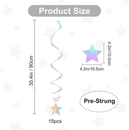 BEISHIDA Silver Stars Iridescent Hanging Swirls Pre-Strung Stars Hanging - Image 2