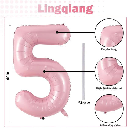 Light Pink Balloon Number 5, 40 Inch Large Self Inflating Foil Number Balloons - Image 2