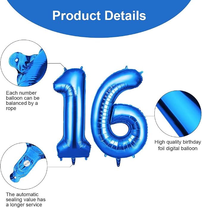 OFFCUP Helium Balloons, 40 Inches Number Balloons 16, Foil Balloons Birthday - Image 3