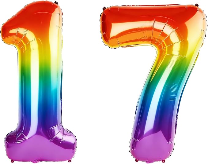 40 Inch Number 17 Balloons for 17th Birthday Party Decorations, 0-100 Rainbow by FOBELEC