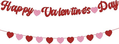 Happy Valentines Day Banner Glitter Valentines Banner Red Pink Heart Garland by Adecortalk