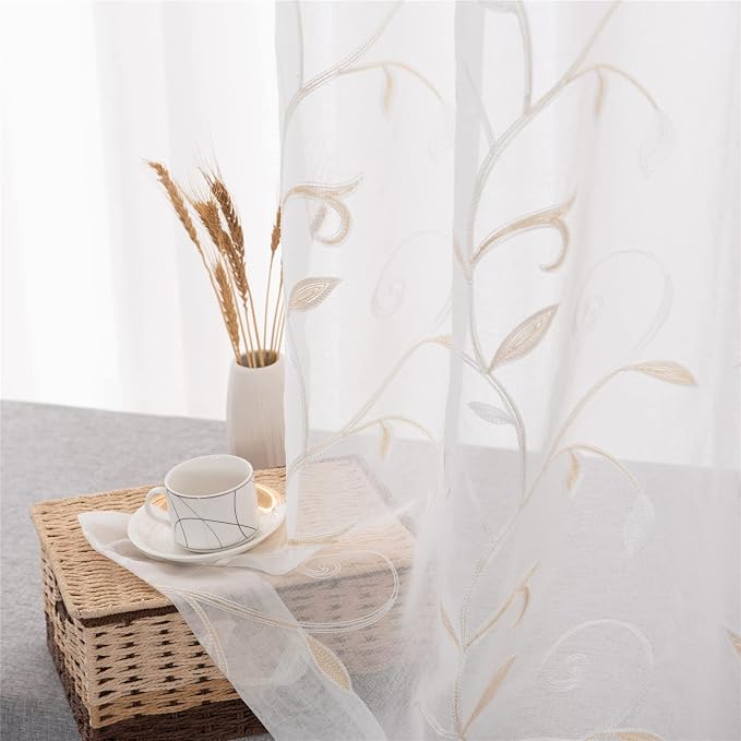 White Sheer Curtains Beige Embroidered Leaves 2 Panels 54Wx108L | Light - Image 2