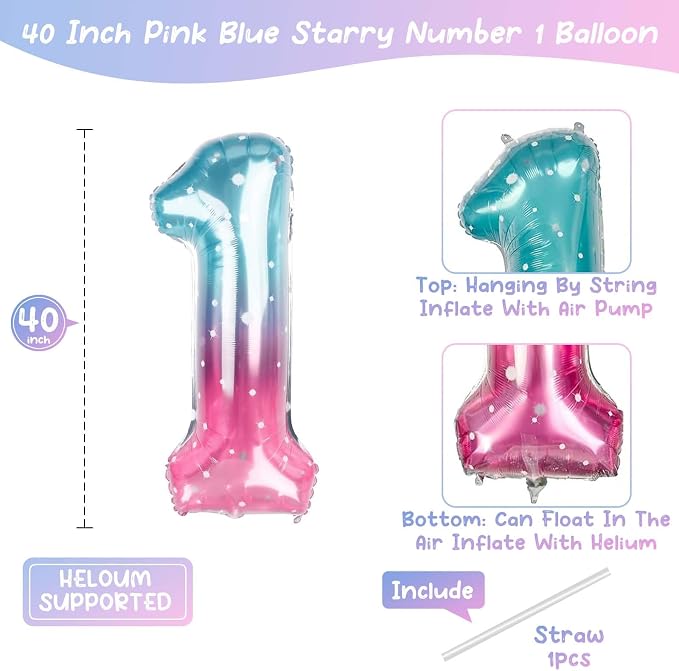 40 Inch Pink Blue Number 10 Balloon, Large Gradient Foil 10 Balloon - Image 3