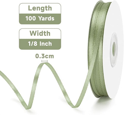 KINGLAKE Sage Green Satin Ribbon – 1/8 Inch x 100 Yards Light Green Ribbon - Image 2