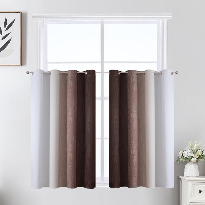 Brown and Greyish White Ombre Short Blackout Cafe Curtains 36 Inch Length - Image 2