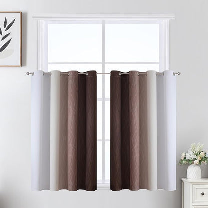 Brown and Greyish White Ombre Short Blackout Cafe Curtains 36 Inch Length - Image 2