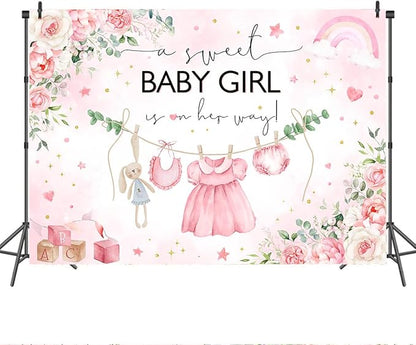 Mocsicka Sweet Baby Girl Baby Shower Backdrop Princess Pink Greenery Party - Image 2