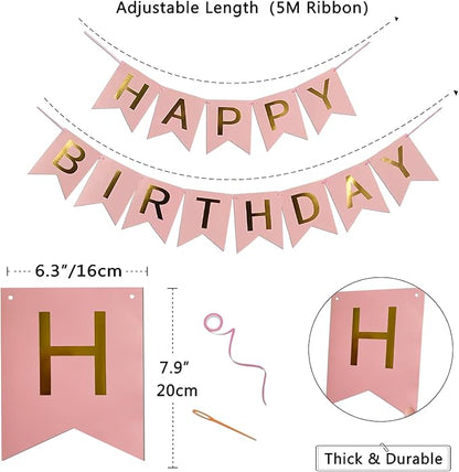 Pink Happy Birthday Banner, Bunting Decorations - Image 3