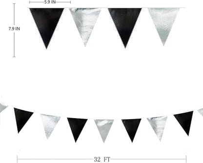 Black and Silver Party Decorations Triangle Pennant Banner Flag Metallic Fabric - Image 2