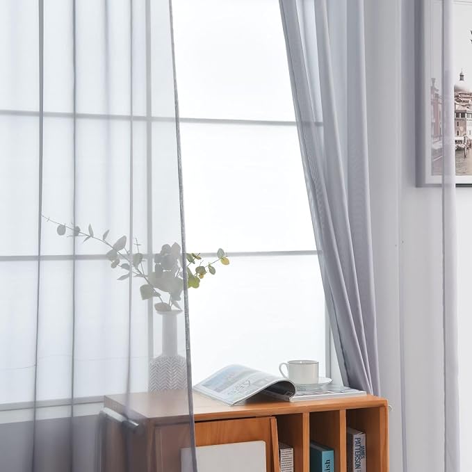 SpaceDresser Grey Sheer Curtains 4 Panels Rod Pocket Semi-Sheer Curtain 108 - Image 4