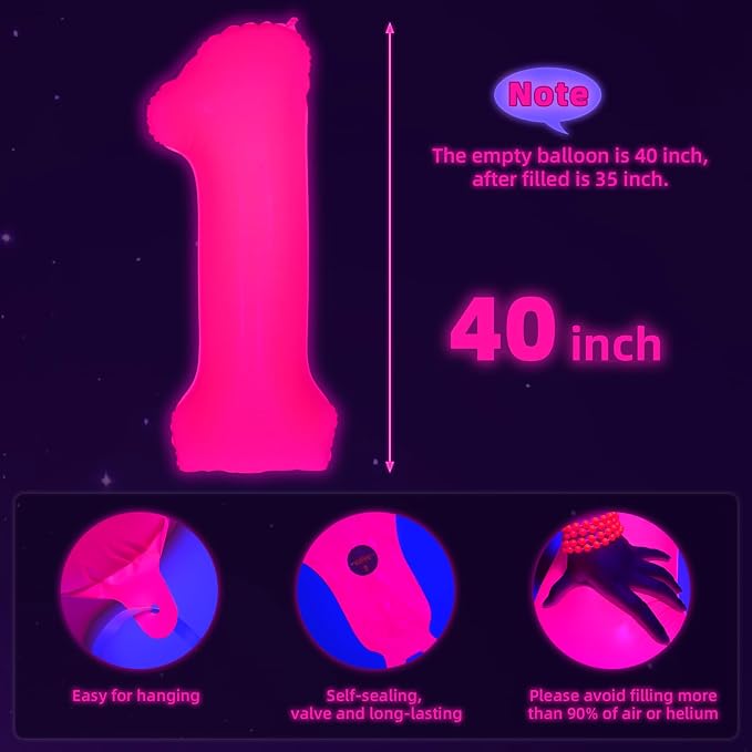 Mega-L Glow in The Dark Party Supplies, 40 Inch Fuchsia Number 1 Balloon | Glow - Image 4